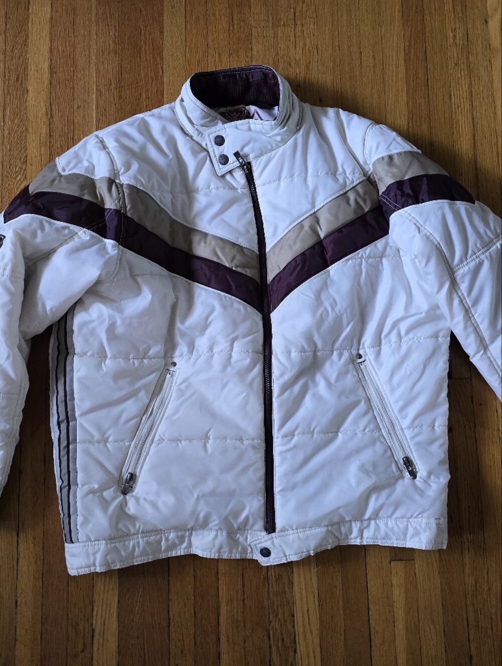 Point Zero White Quilted Puffer Jacket with Purple and Tan Chevron Stripes